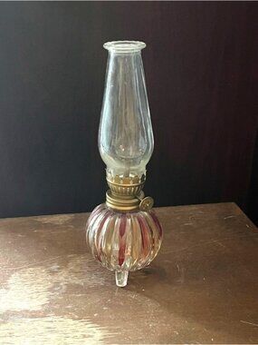 Vintage Three Footed Clear Glass Oil Lantern with Red Accent Globe